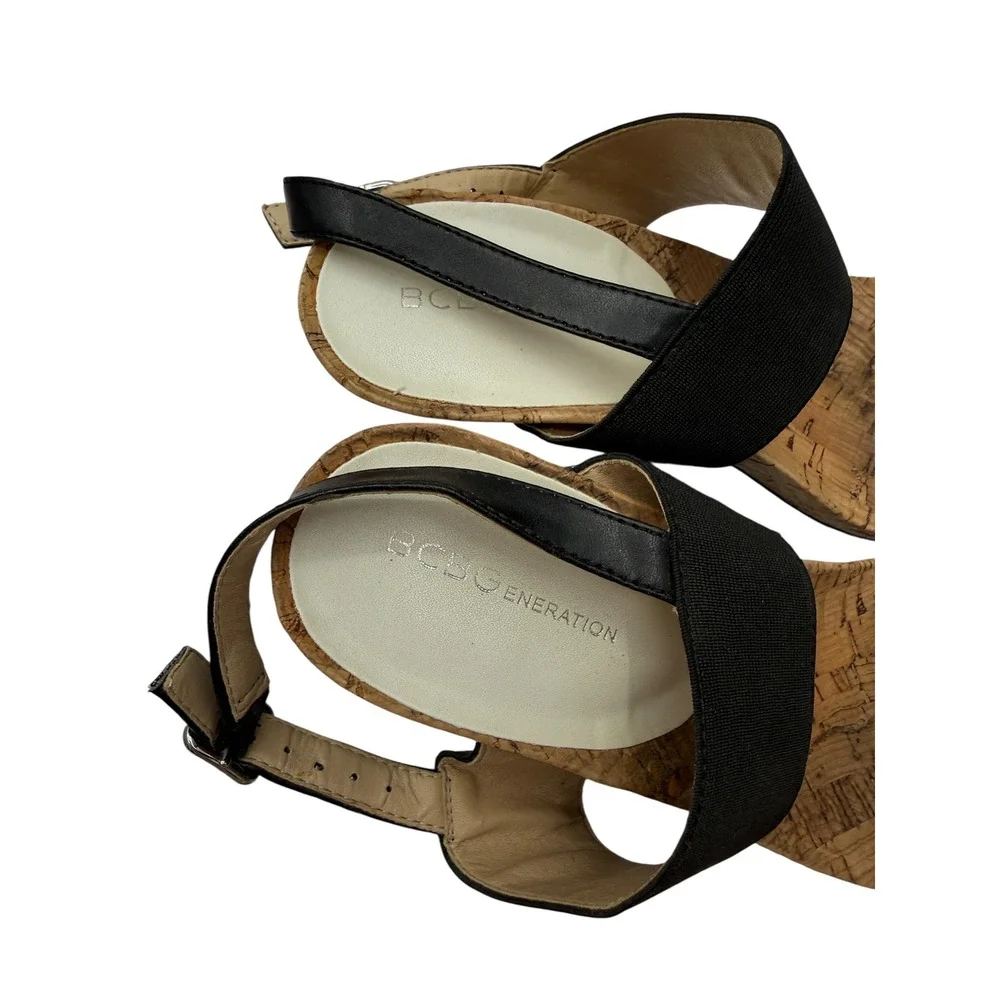 BCBGeneration Heels Women's 7.5B Black Cream Strappy Sandals‎ Cork Platform